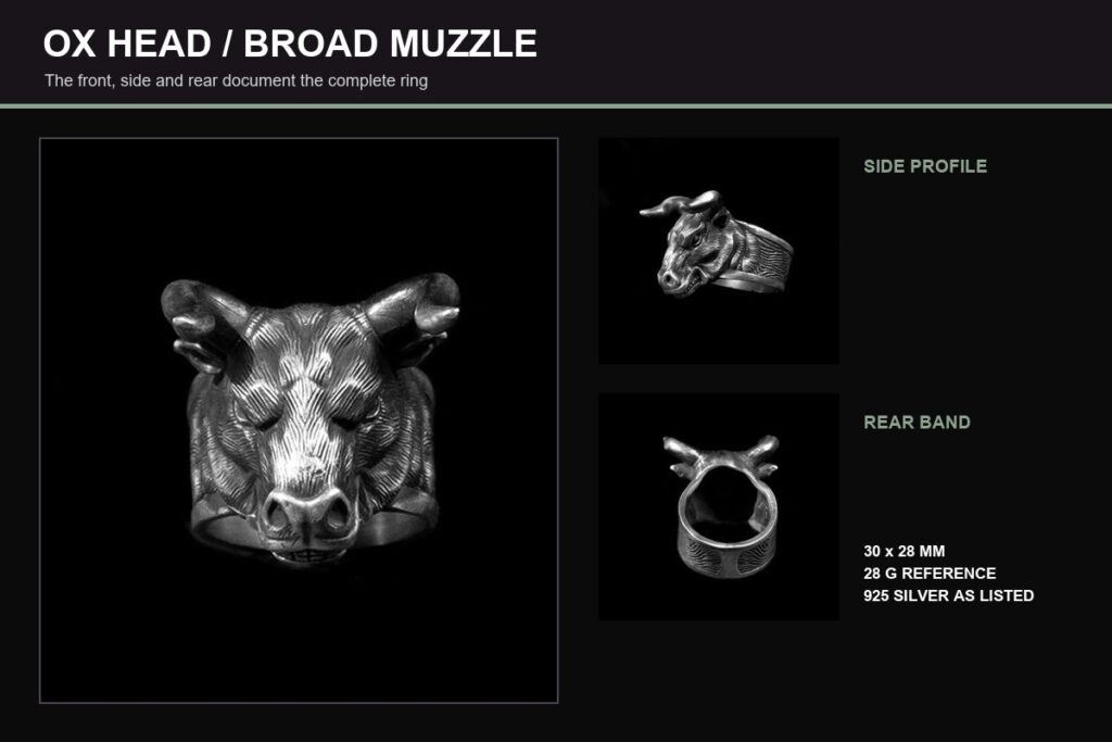 Ox head ring shown from the front, side and rear band view