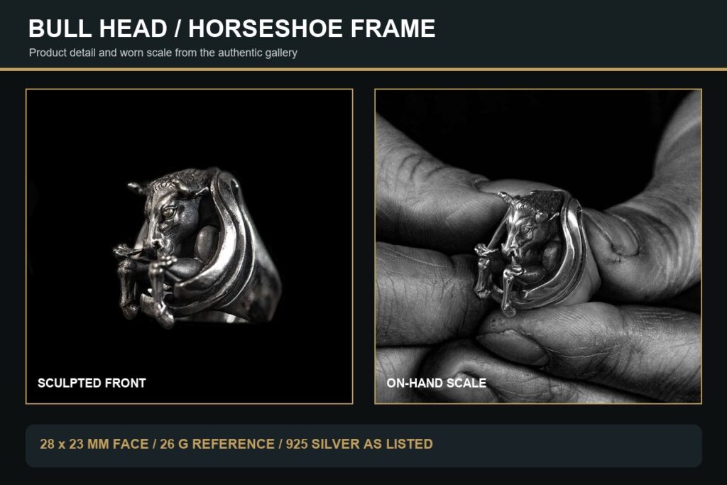 Bull head horseshoe ring shown as a product detail and on a hand