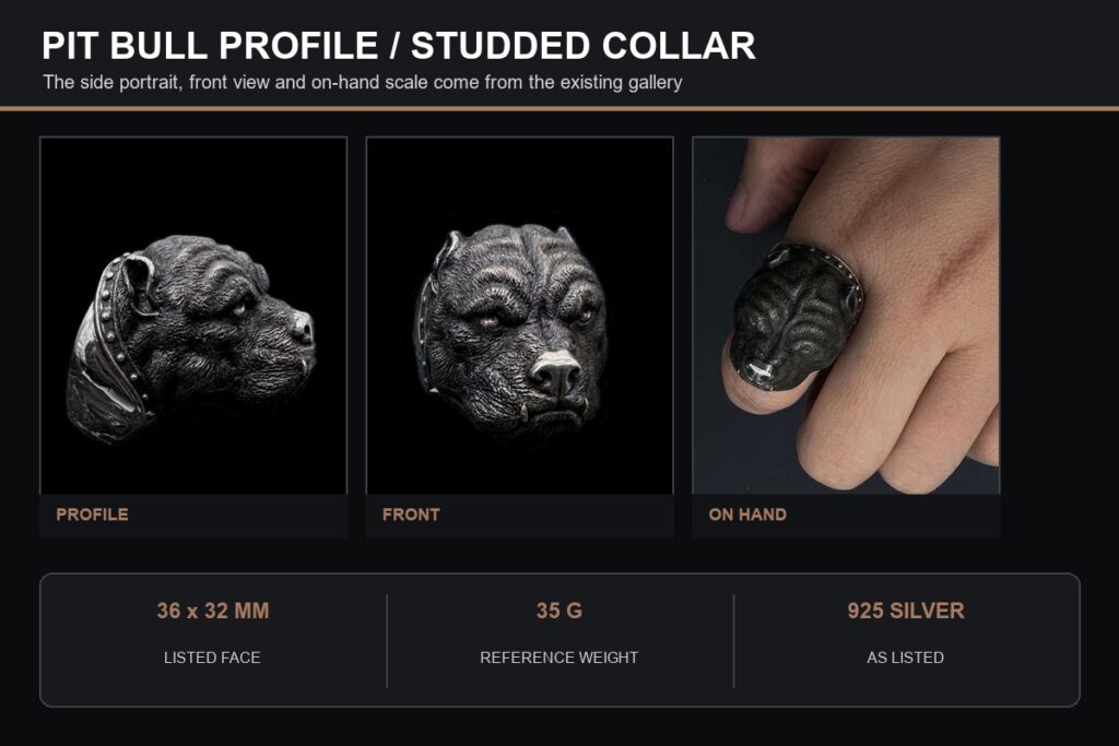 Pit bull head ring shown in profile, from the front and on a hand