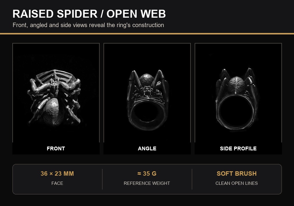 Raised 925 silver spider ring shown from the front, angle and side to reveal its open web