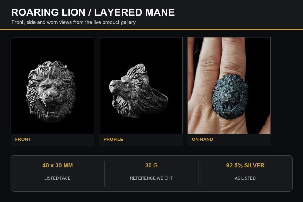 Roaring lion head ring shown from the front, profile and on a hand