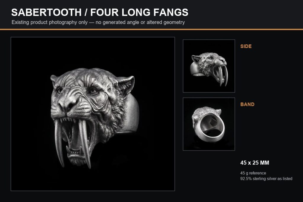 Sabertooth tiger ring shown from the front, side and band interior