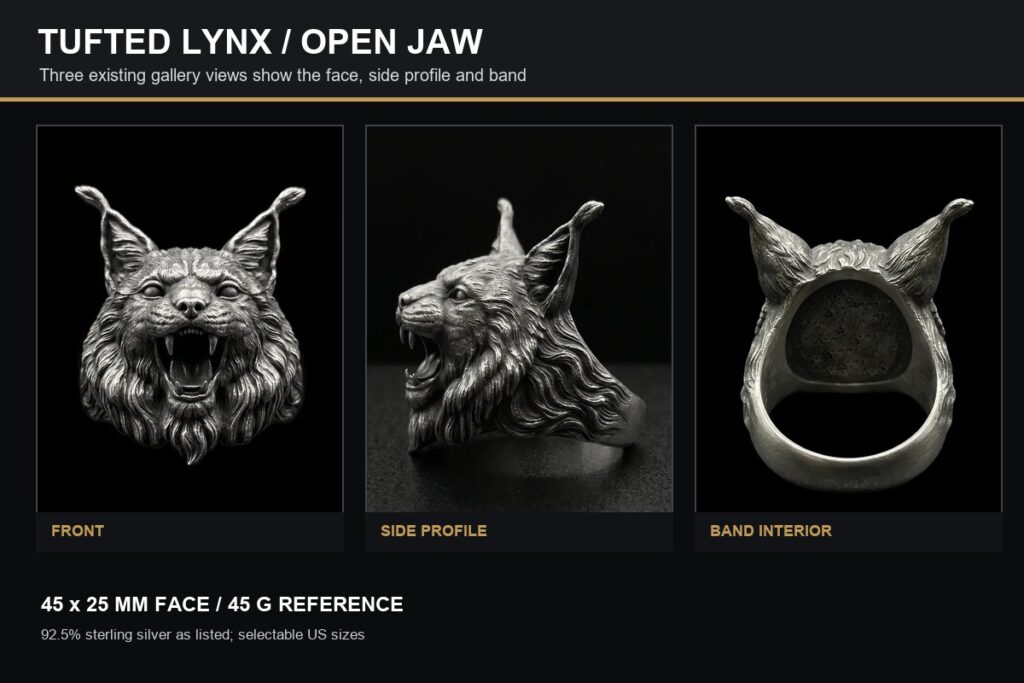 Lynx head ring shown from the front, side and band interior