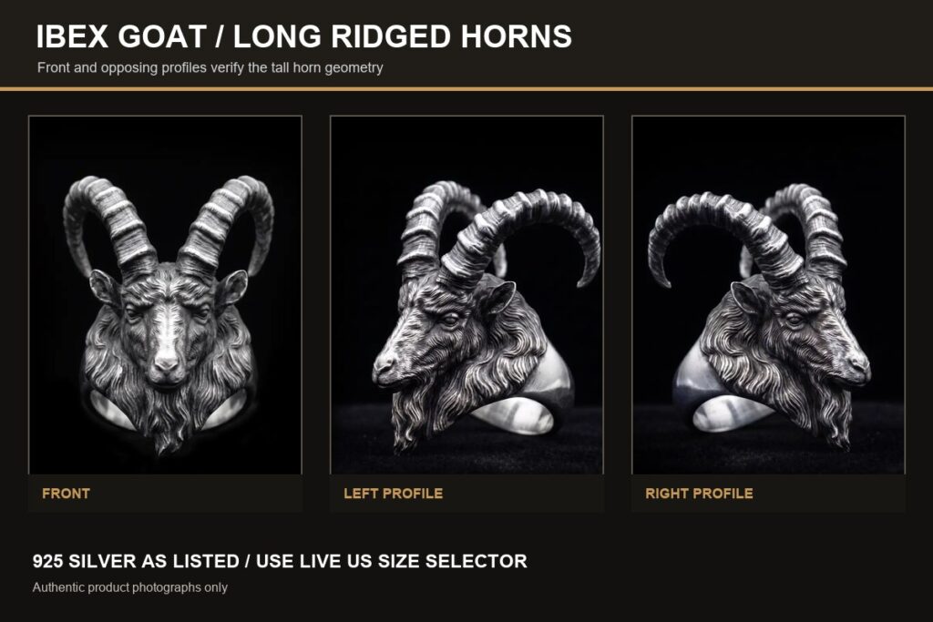 Ibex goat head ring shown from the front and both side profiles