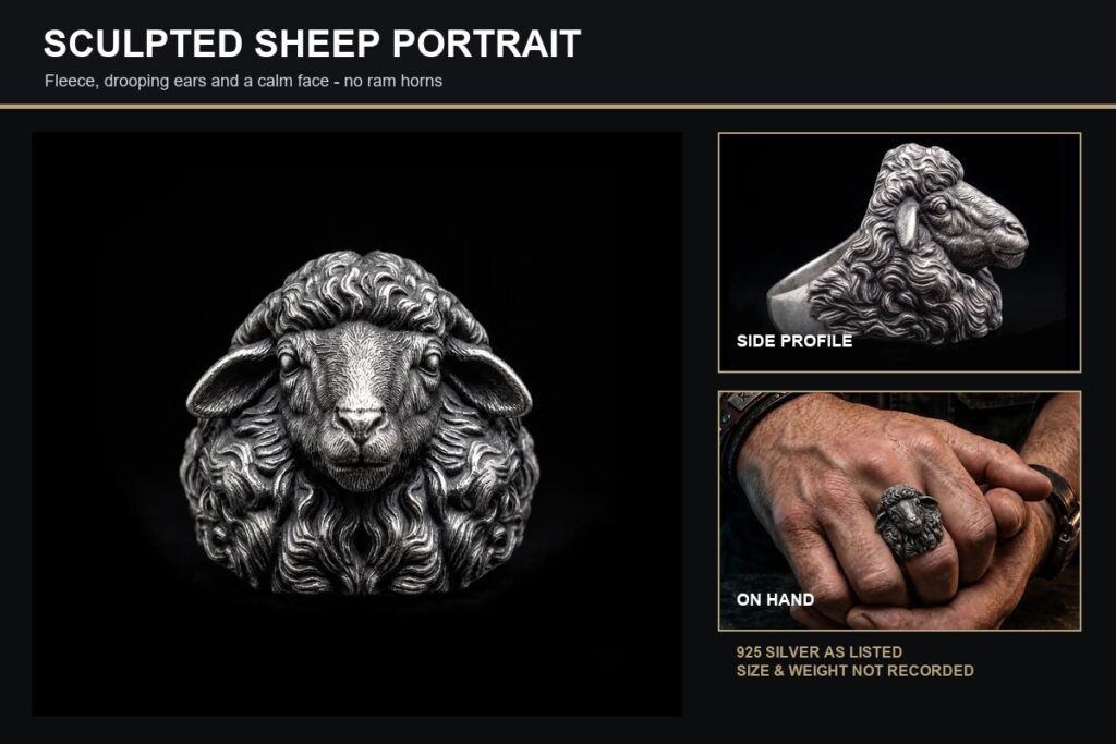 Sculpted sheep head ring shown from the front, side and on a hand