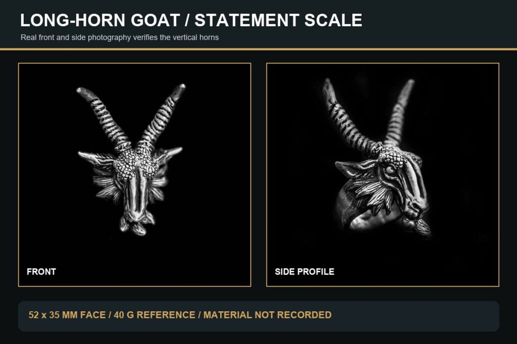 Long-horn goat head ring shown from the front and side