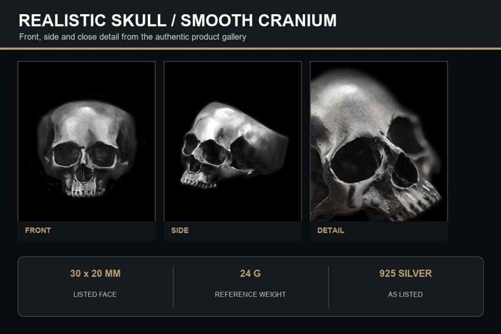 Realistic anatomical skull ring shown from the front, side and close detail