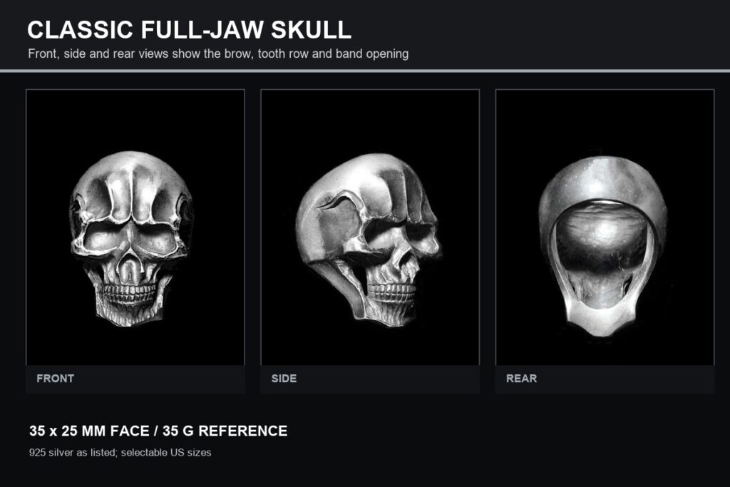 Classic full-jaw skull ring shown from the front, side and rear