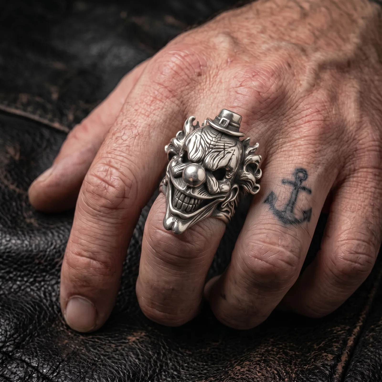 Top hat clown ring worn on hand with the visible 925 marking near the lower face