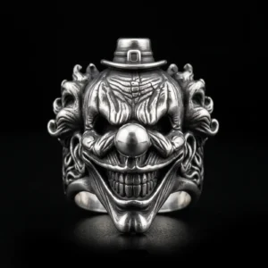 Top hat clown ring front view with buckled hat, round nose and flame-like side relief