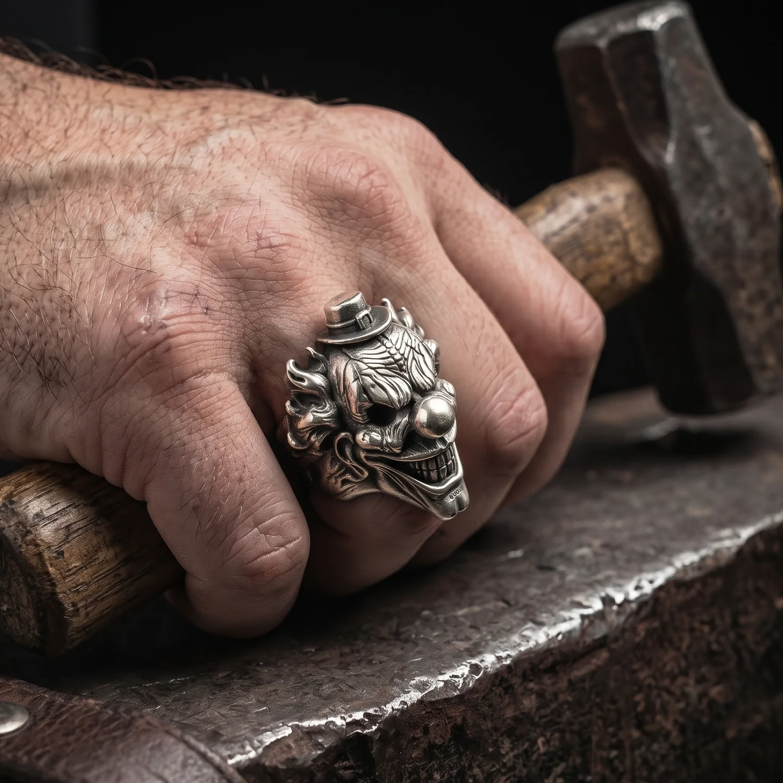 Heavy clown ring worn beside a metalsmith hammer on a workshop bench