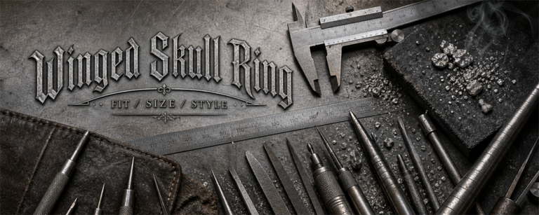 MENSSKULL winged skull ring guide workshop banner with calipers, ruler, silver tools, and gothic silver title