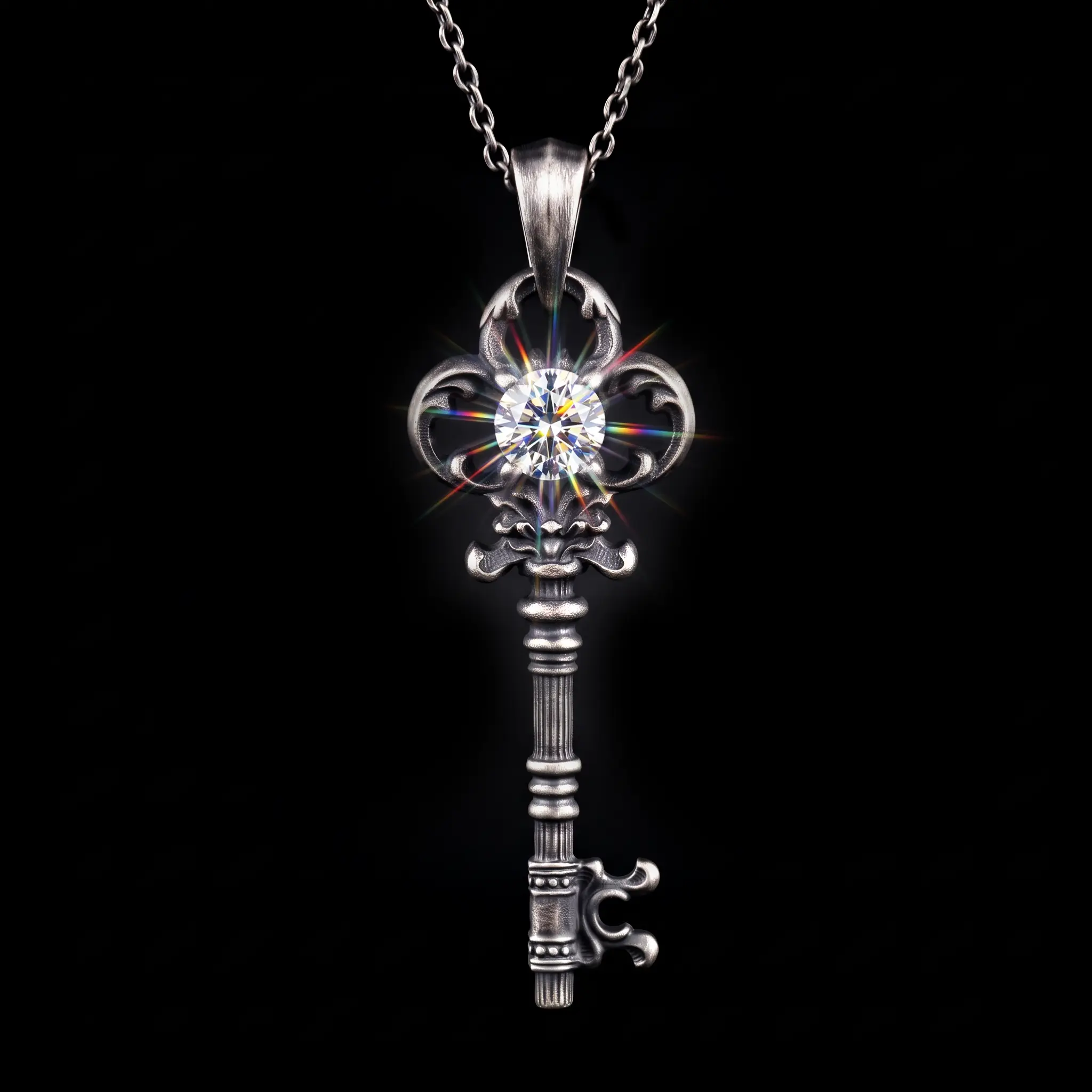 antiqued silver moissanite key necklace, full pendant view