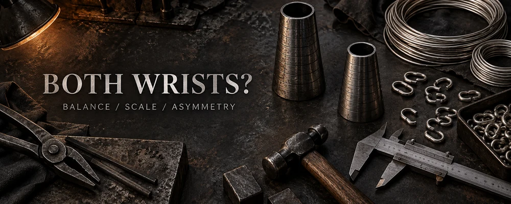 Bracelet styling across both wrists represented by twin metalworking stations, calipers, empty mandrels, raw wire and open links