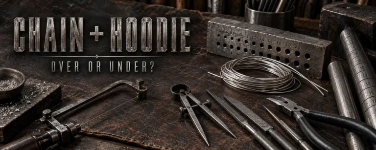 CHAIN + HOODIE and OVER OR UNDER lettering on a dark chain-making bench with drawplate, raw wire, mandrels, files, saw and pliers