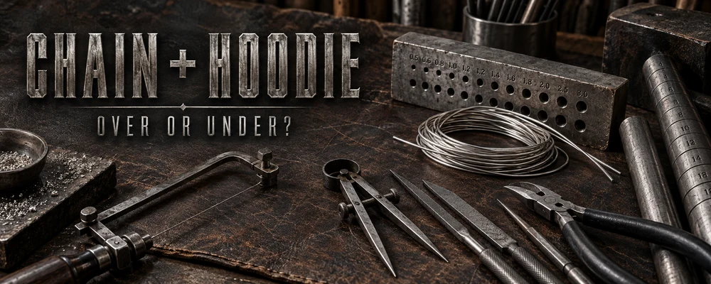 CHAIN + HOODIE and OVER OR UNDER lettering on a dark chain-making bench with drawplate, raw wire, mandrels, files, saw and pliers
