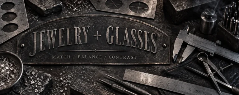 Jewelry and glasses matching represented by an engraved workshop plaque, calipers, rulers, gravers and metal measuring templates