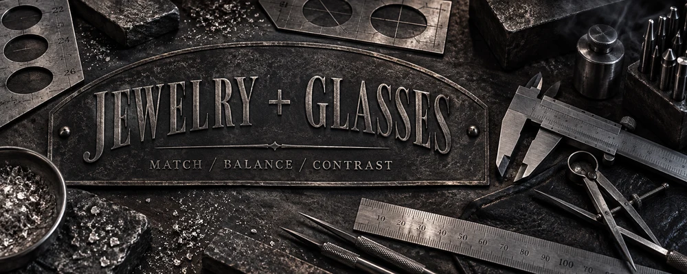 Jewelry and glasses matching represented by an engraved workshop plaque, calipers, rulers, gravers and metal measuring templates