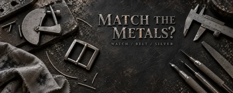 Engraved Match the Metals lettering beside calipers, a plain buckle and jewelry tools on a dark metalsmith bench