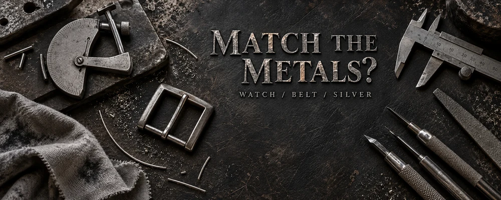 Engraved Match the Metals lettering beside calipers, a plain buckle and jewelry tools on a dark metalsmith bench