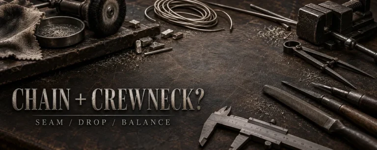 Crew-neck necklace placement represented by curved raw wire, calipers, files, gravers and silver filings on a dark workshop bench