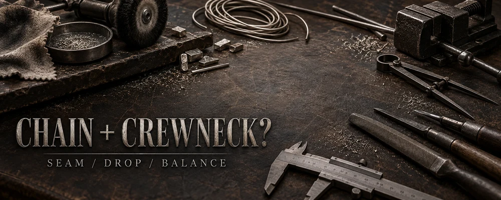 Crew-neck necklace placement represented by curved raw wire, calipers, files, gravers and silver filings on a dark workshop bench