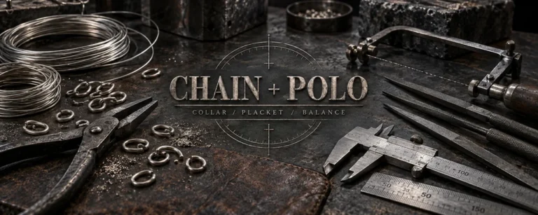 Polo necklace styling guide represented by chain-making tools, calipers and raw silver wire on a dark metalsmith bench
