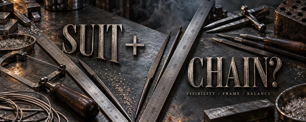 Suit and chain styling represented by V-shaped metal rulers, files, calipers, gravers, raw wire and silver filings on a workshop bench