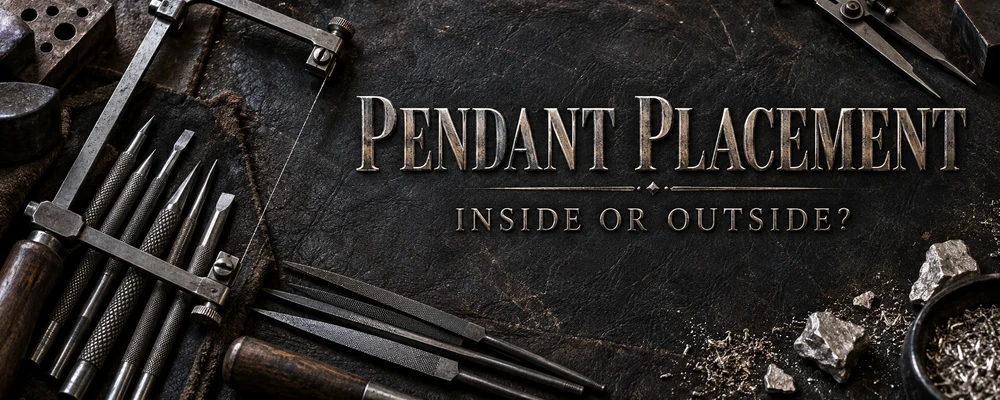 Pendant Placement and Inside or Outside lettering above a dark leather metalsmith surface with a saw frame, gravers, files and raw silver fragments