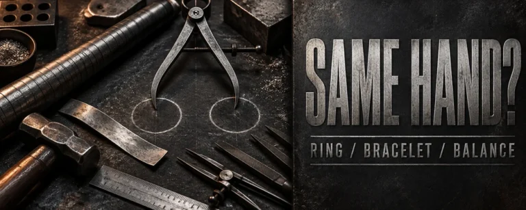 Same-hand ring and bracelet balance guide represented by calipers and sizing marks on a dark metalsmith bench