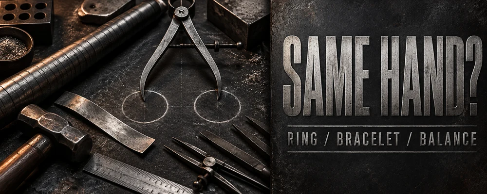 Same-hand ring and bracelet balance guide represented by calipers and sizing marks on a dark metalsmith bench