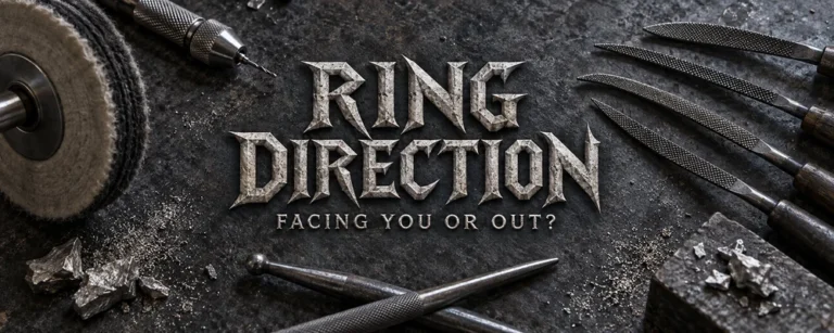 RING DIRECTION and FACING YOU OR OUT lettering on a dark metalsmith polishing bench with files, burnishers, a pin vise and raw metal fragments