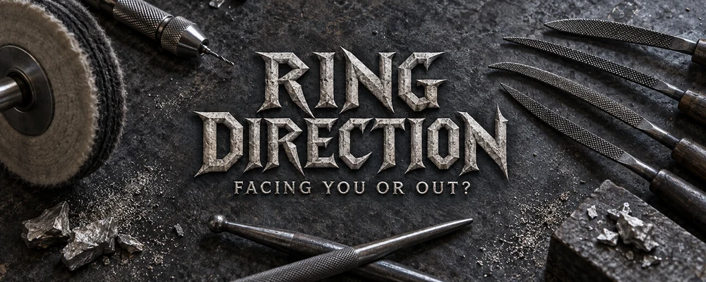 RING DIRECTION and FACING YOU OR OUT lettering on a dark metalsmith polishing bench with files, burnishers, a pin vise and raw metal fragments