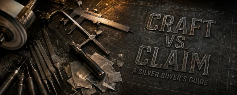 Silver jewelry manufacturing claims buyer guide with calipers, files and a jeweler saw on a dark metalsmith bench