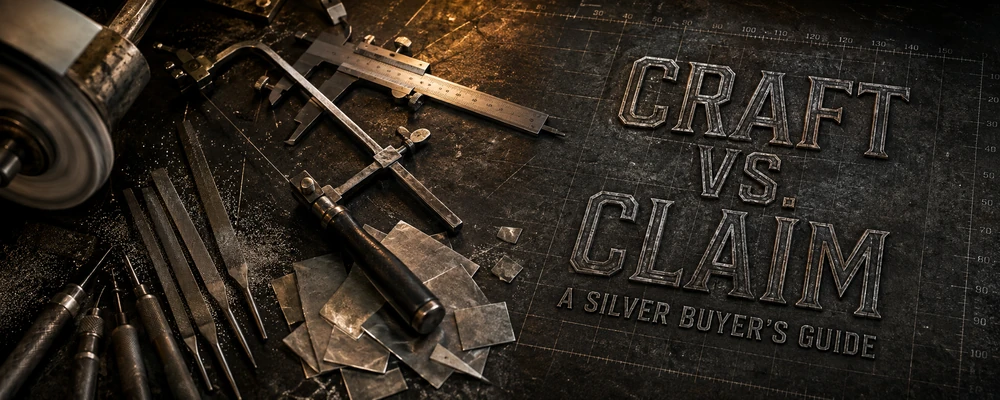 Silver jewelry manufacturing claims buyer guide with calipers, files and a jeweler saw on a dark metalsmith bench
