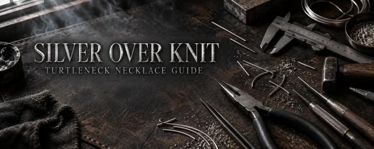 Turtleneck necklace styling guide represented by chain-making tools and silver wire on a dark metalsmith bench