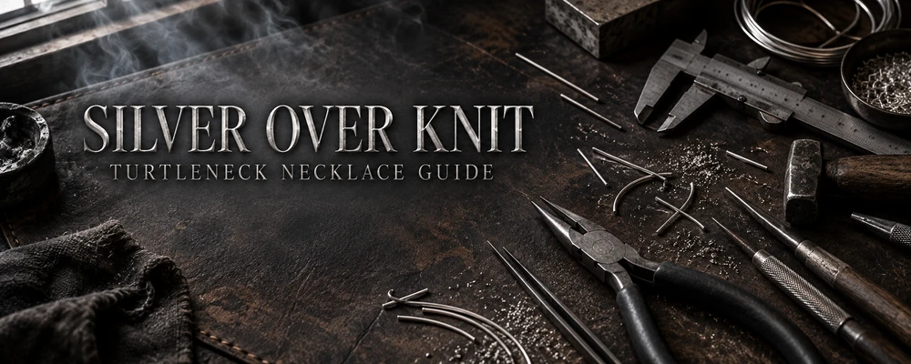 Turtleneck necklace styling guide represented by chain-making tools and silver wire on a dark metalsmith bench
