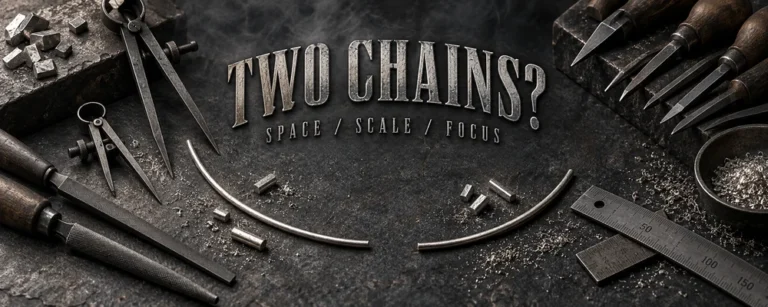 Two-necklace spacing represented by separated raw wire arcs, calipers, files, gravers and silver filings on a dark workshop bench