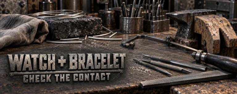 Watch plus Bracelet and Check the Contact lettering on a dark silver workshop bench with a saw frame, files and anvil