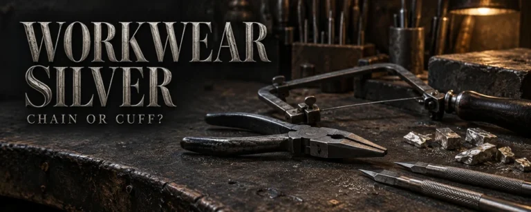 Engraved Workwear Silver lettering beside pliers, gravers and raw silver on a dark metalsmith bench