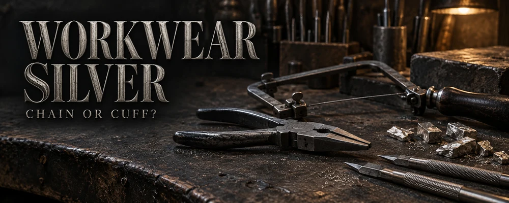 Engraved Workwear Silver lettering beside pliers, gravers and raw silver on a dark metalsmith bench