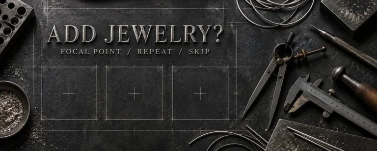 Add, repeat or skip jewelry decision shown by three empty layout zones, calipers and raw silver wire on a dark workshop bench