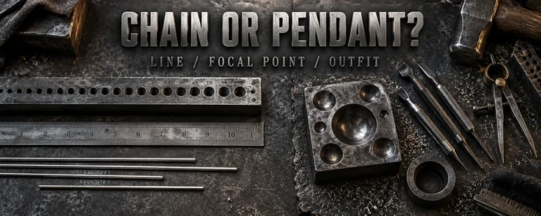 Plain chain or pendant decision represented by a drawplate, ruler, doming block and engraving tools on a dark metalsmith bench