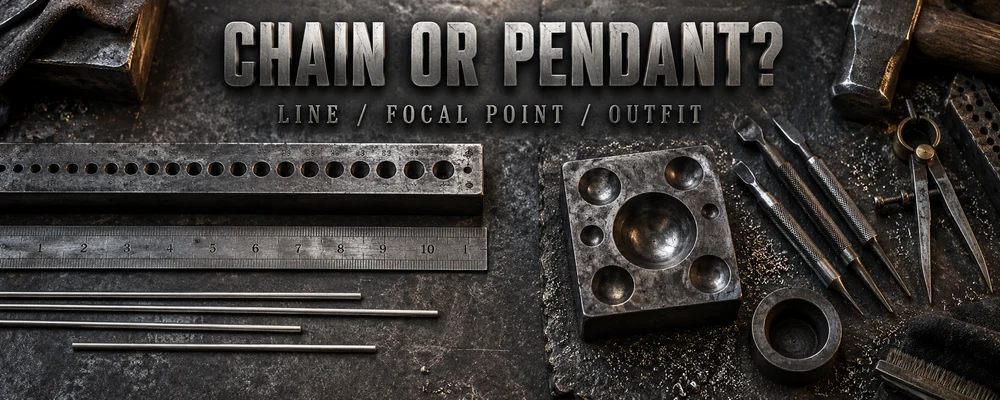 Plain chain or pendant decision represented by a drawplate, ruler, doming block and engraving tools on a dark metalsmith bench