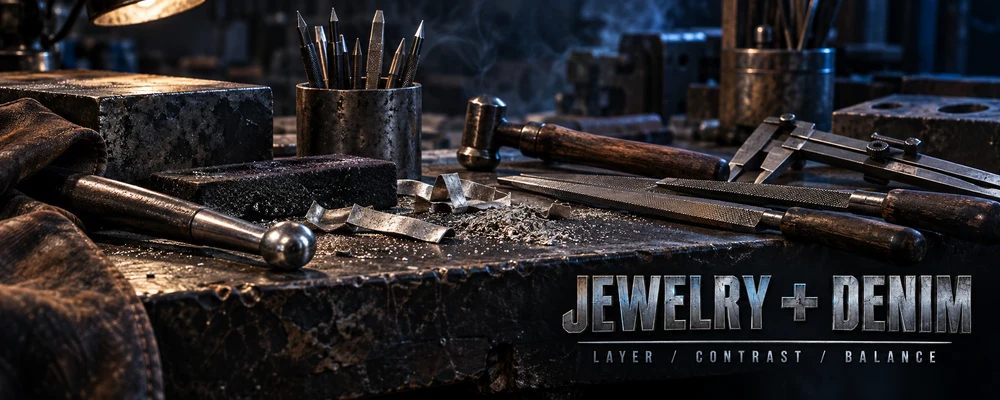 Jewelry and denim styling guide represented by gravers, files, calipers, a chasing hammer and cool indigo light on a dark metalsmith bench