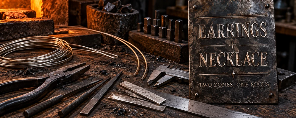Earrings and necklace visual balance represented by engraved steel lettering, pliers, files, calipers, ruler, engraving punches, raw silver wire and metal strips in a dark workshop