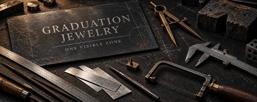 Graduation jewelry visibility represented by a steel drafting plate, brass dividers, calipers, ruler, fine files, jeweler saw and raw silver strips in a dark workshop