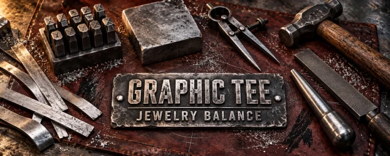 Graphic T-shirt jewelry balance represented by letter punches, dividers, a jeweler hammer, files and raw silver strips on a worn leather workshop bench