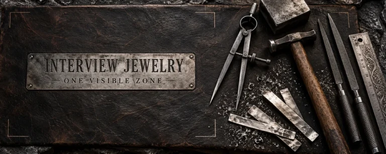Job interview jewelry visibility represented by an engraved one visible zone plate, dividers, files, a jeweler hammer and raw silver strips on a worn leather workshop bench