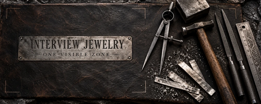 Job interview jewelry visibility represented by an engraved one visible zone plate, dividers, files, a jeweler hammer and raw silver strips on a worn leather workshop bench